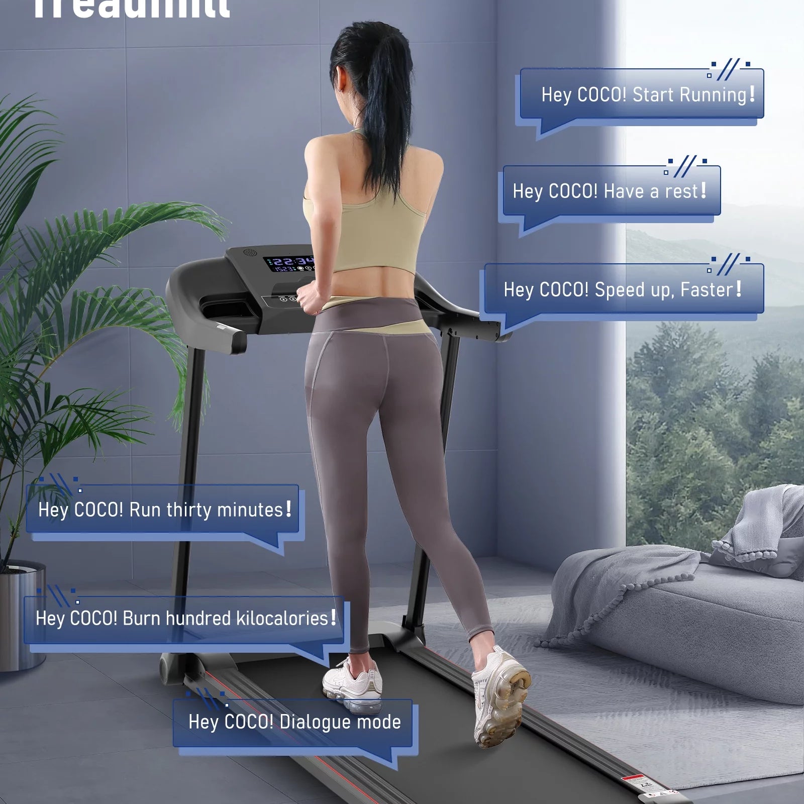 Folding Electric Treadmill with Bluetooth and Voice Control for Home and Office, Speed Range 0.5-7.5 MPH